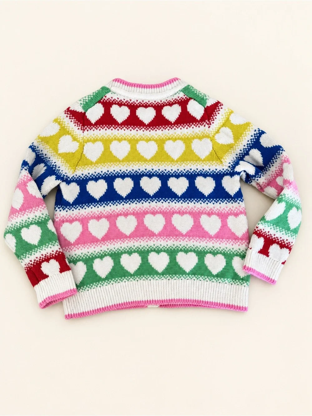 Mini Boden Kids Flora Fun V-Neck Cardigan Rainbow Hearts Knit Sweater Size 5-6Y